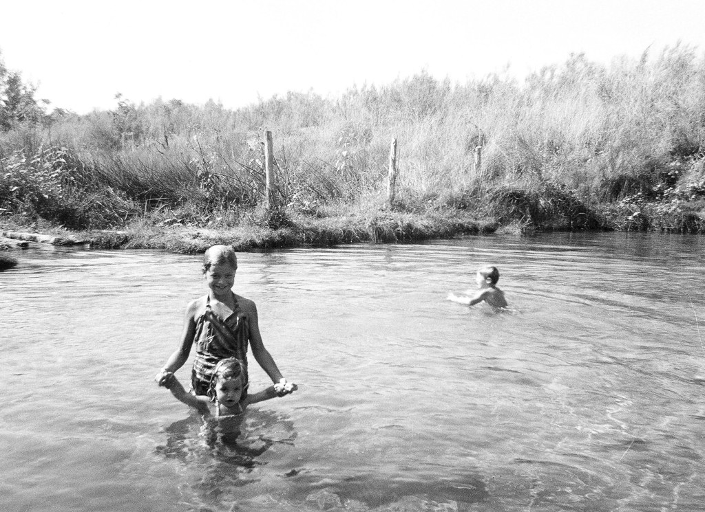 Three kids swimming in a pond