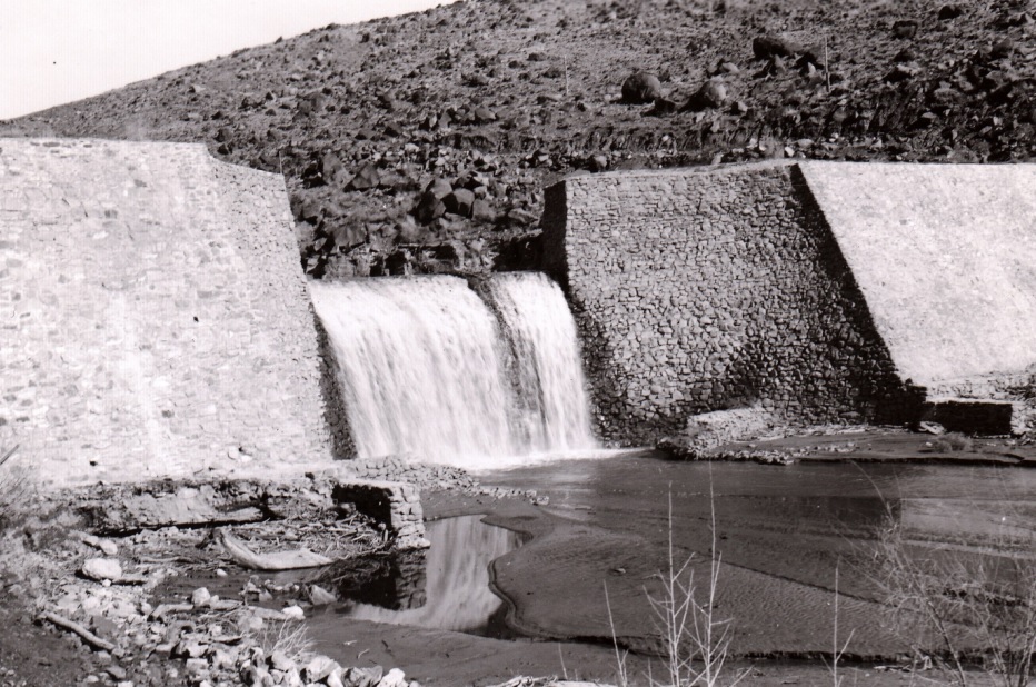 Downstream face of the Shem Dam spillway showing the 1955 flood damage