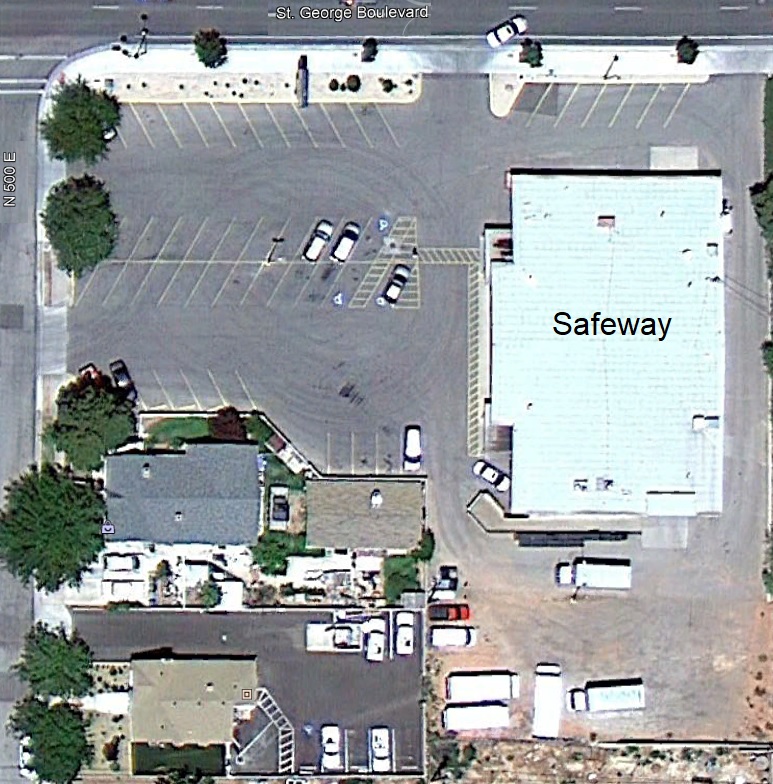 Aerial view of the first Safeway building in St. George