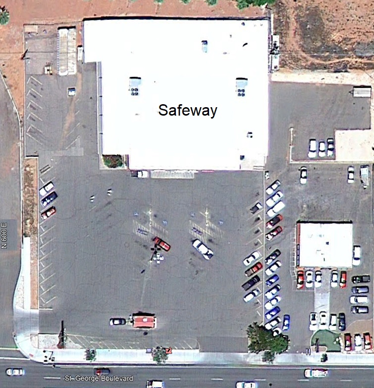 Aerial view of the second Safeway building in St. George