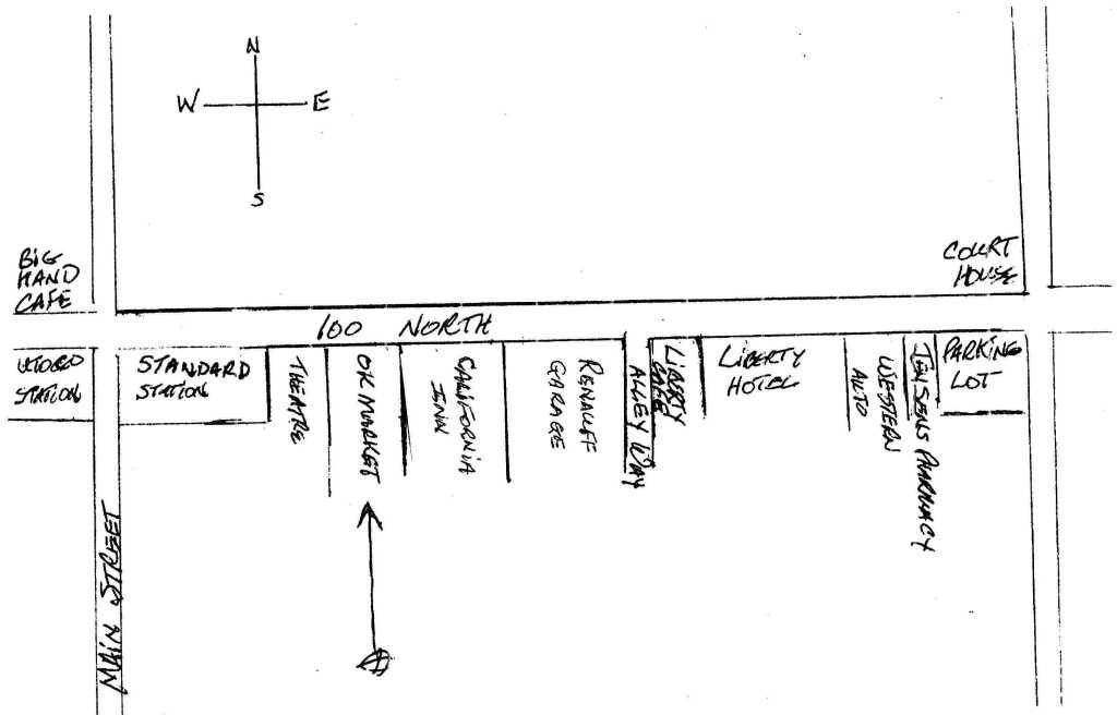 Sketch of businesses along 100 North from Main Street to 100 East