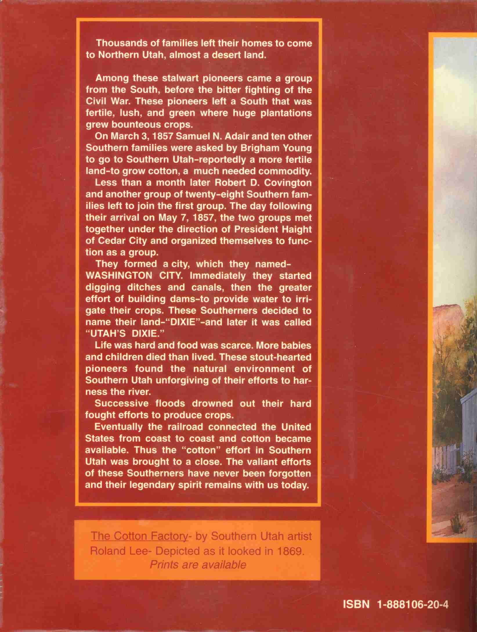 Back cover of Utah's 'Dixie' Birthplace
