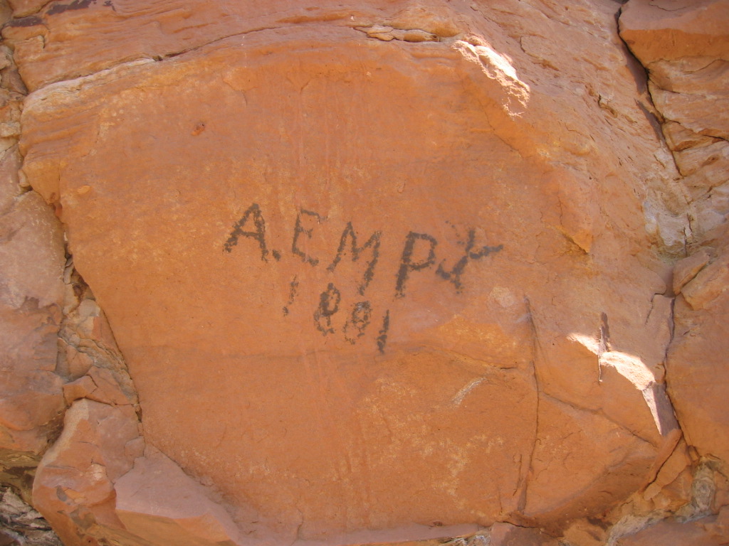 Photo of pioneer axle grease markings on a rock along "The Honeymoon Trail"
