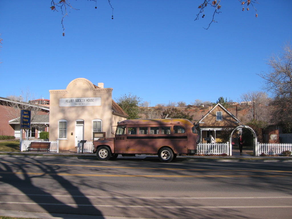 WCHS-00330 1957 Chevrolet Bus in Front of the Santa Clara Relief Society House and Hug-Gubler Home