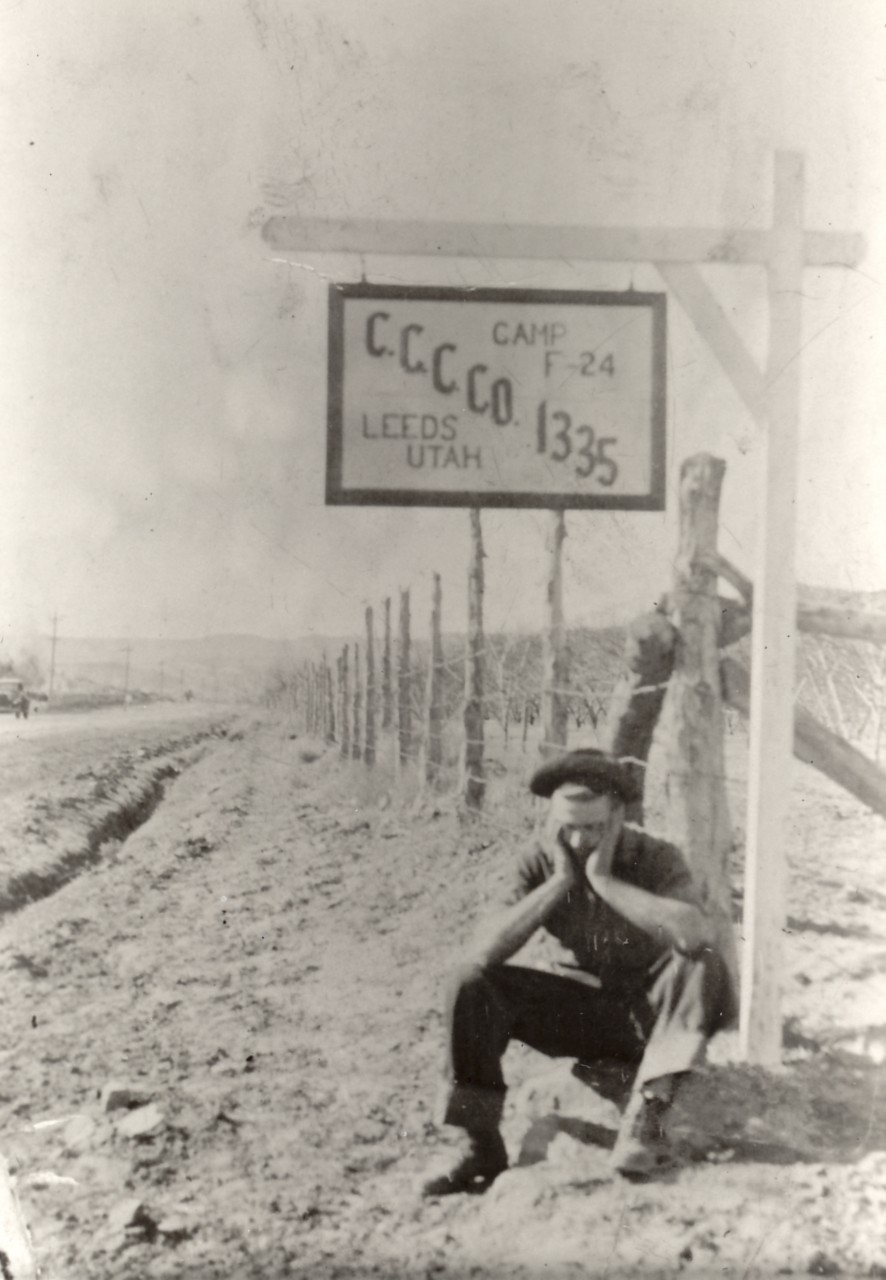 WCHS-00507 CCC enrollee and sign for the Leeds CCC camp