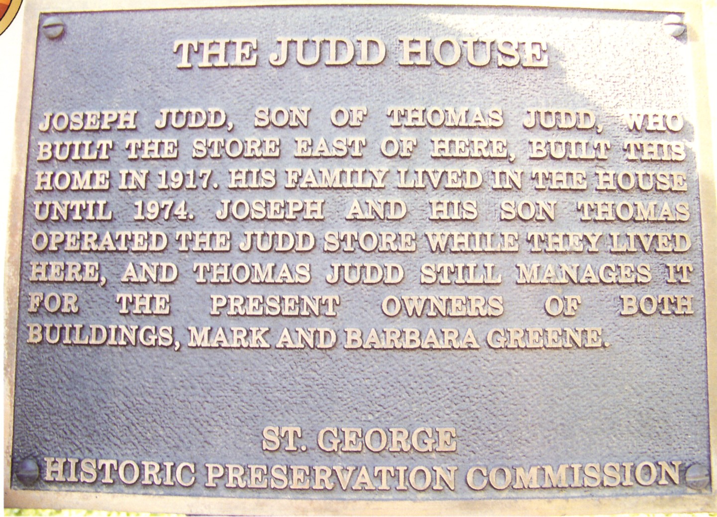 Plaque in front of the Thomas Judd / Joseph Judd Home