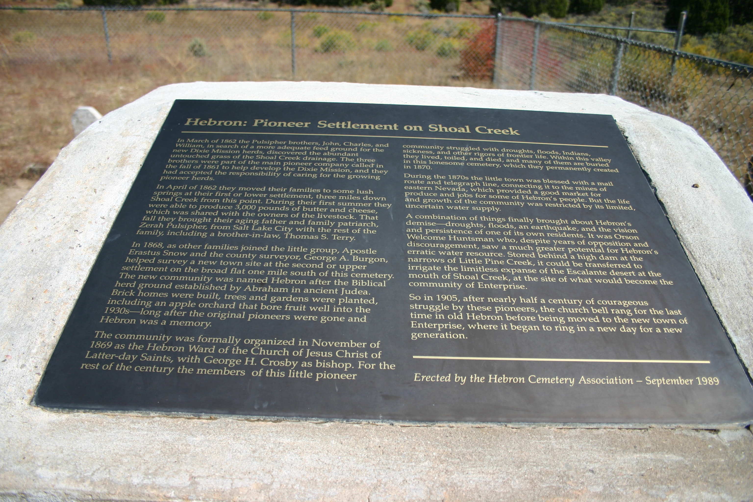 Plaque at the Hebron Cemetery