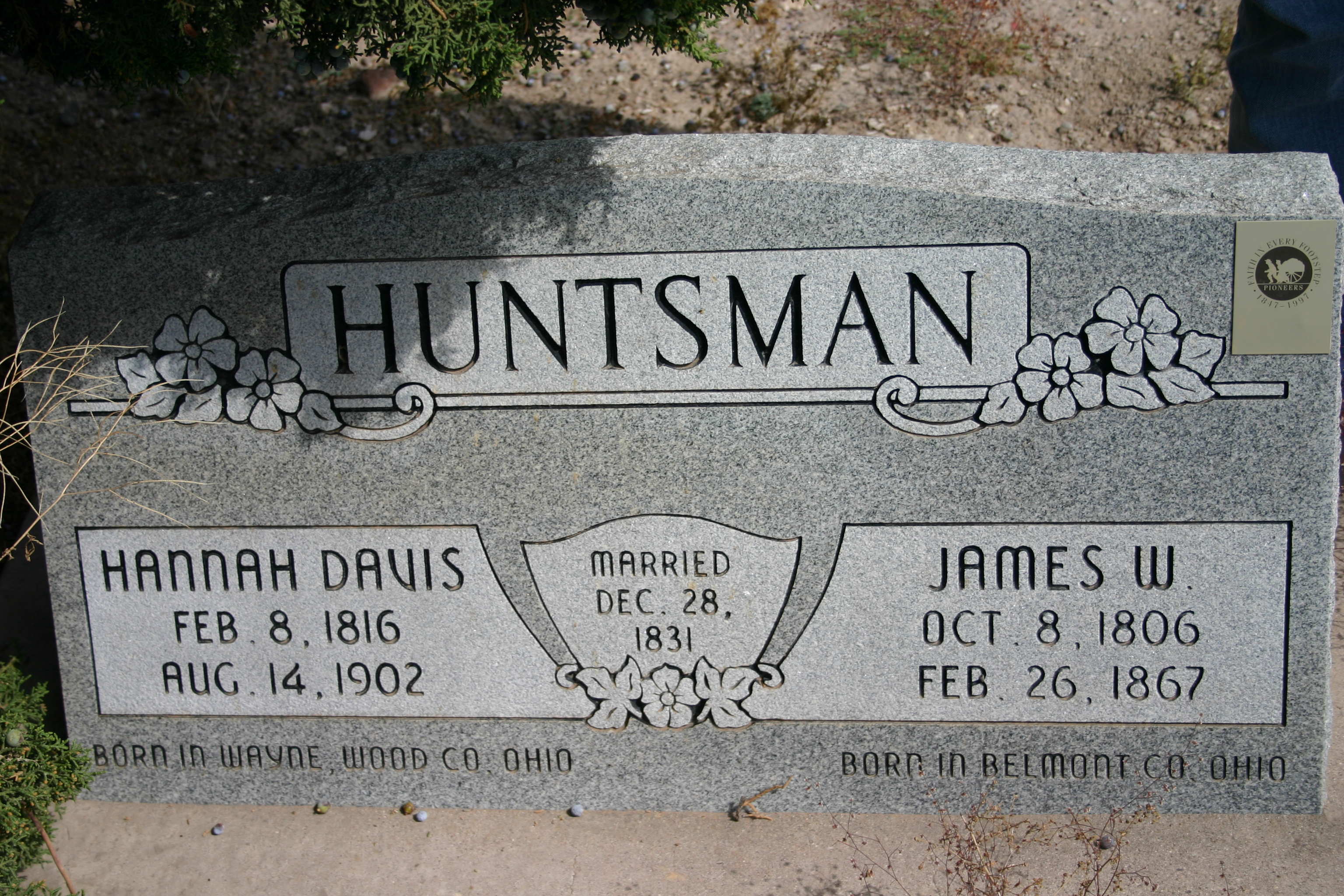 James W. & Hannah Davis Huntsman gravestone at the Hebron Cemetery