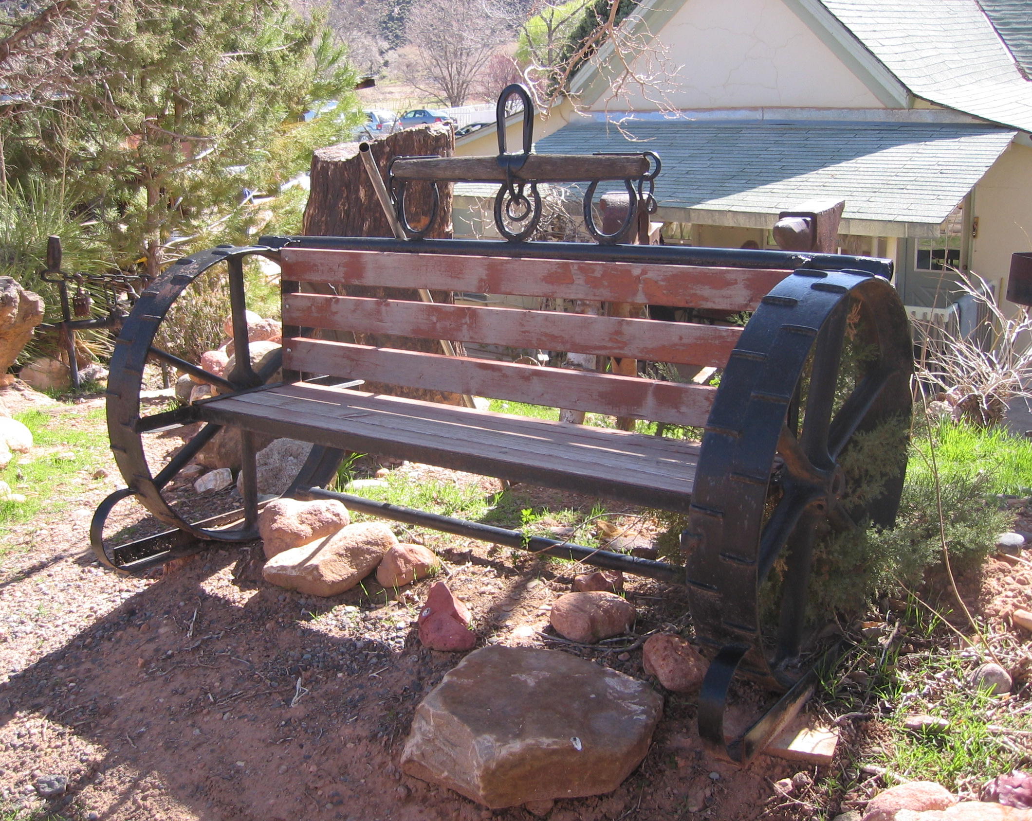 Decorative bench at the Milt Holt home