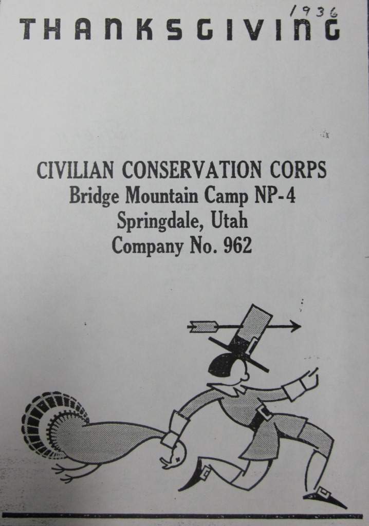 Bridge Mountain CCC Camp (NP-4) Company 962 Thanksgiving 1936 menu and roster