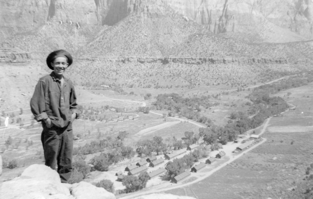 WCHS-01056 CCC enrollee standing above the Bridge Mountain CCC Camp