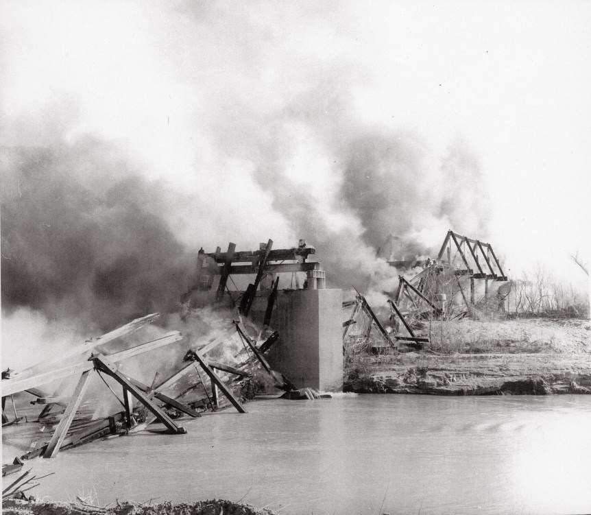 The old Virgin River Bridge burning