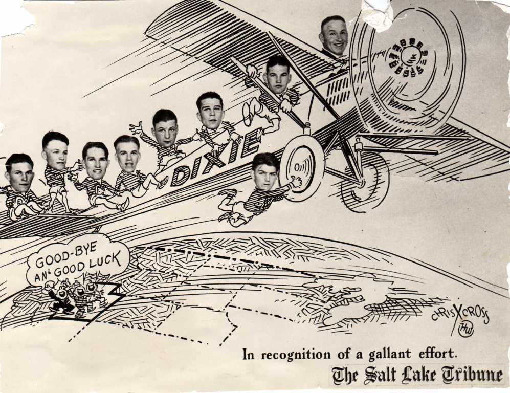 Newspaper cartoon wishing the Dixie High School 1927-1928 basketball team well