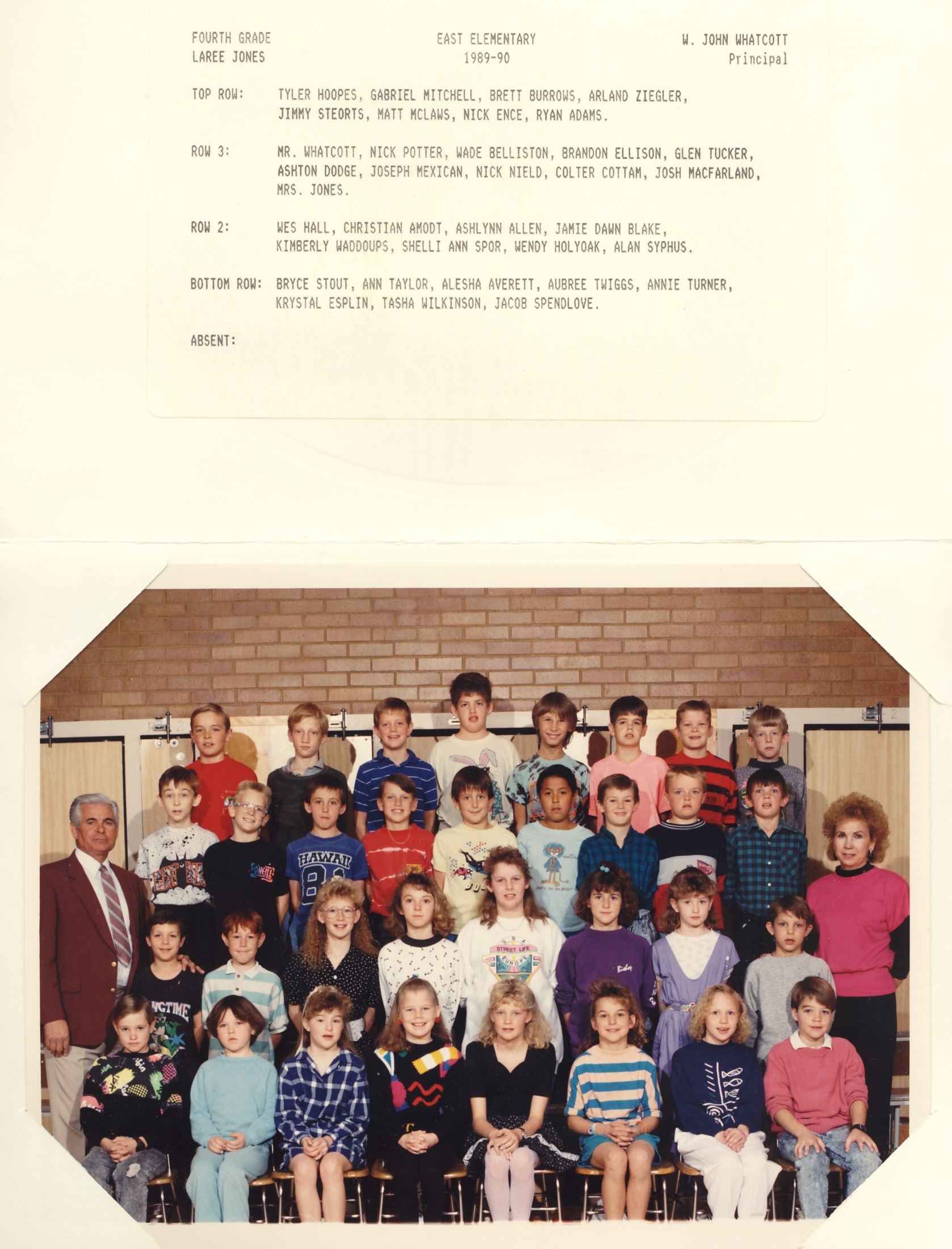 Mrs. Jones' 1989-1990 4th grade class at East Elementary School