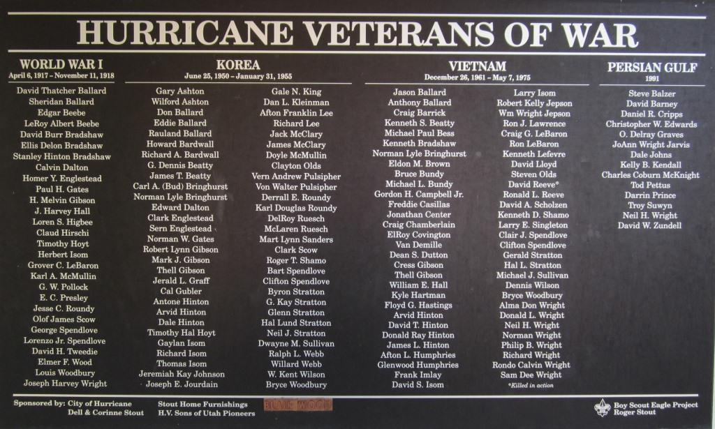 Veteran's Plaque at the Hurricane Valley Pioneer Heritage Park
