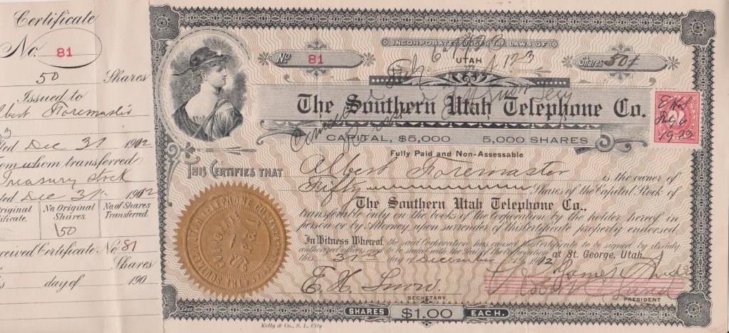 Southern Utah Telephone Company stock certificate