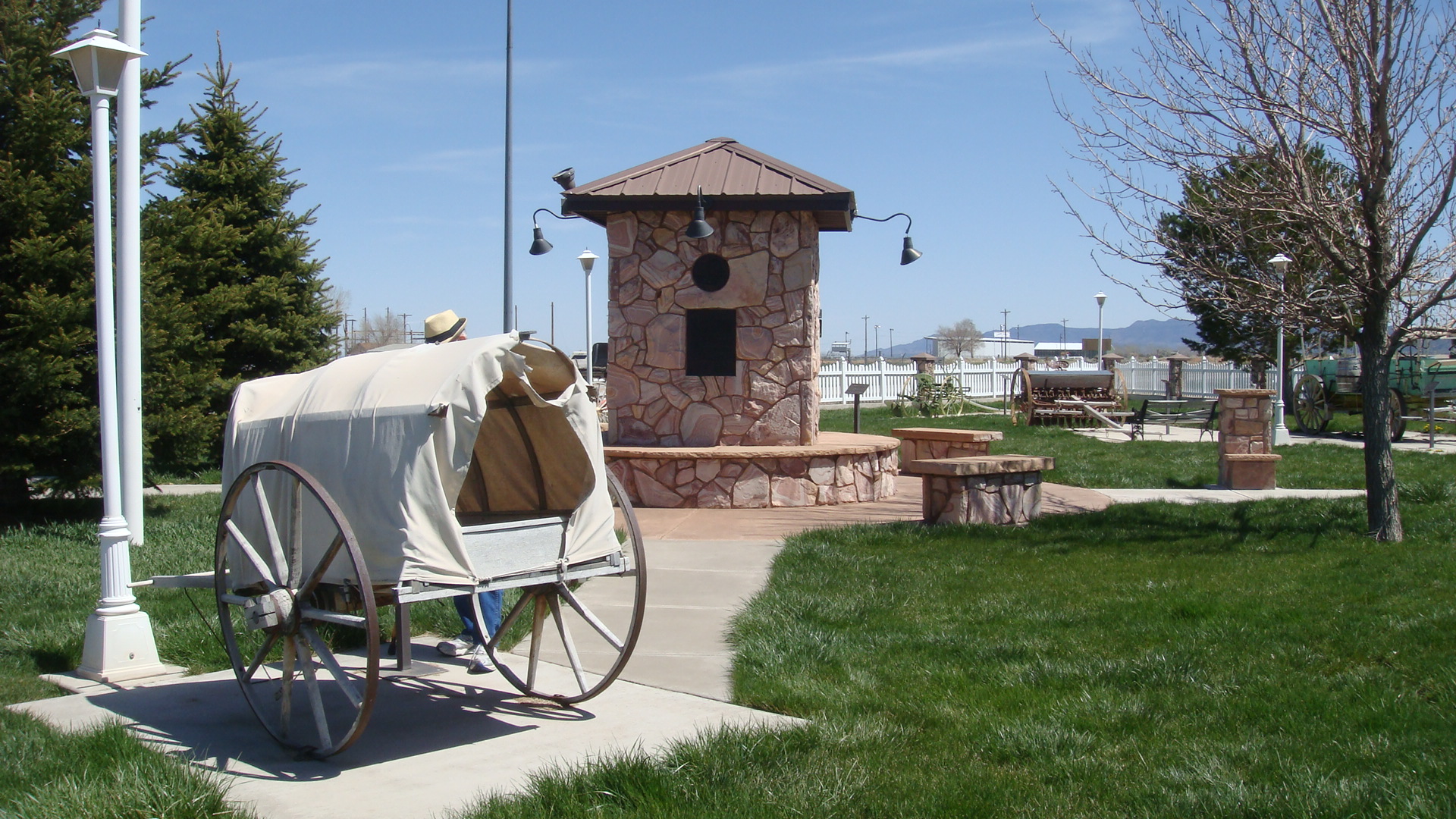 Handcart and the central monument at the Terry Family Heritage Park