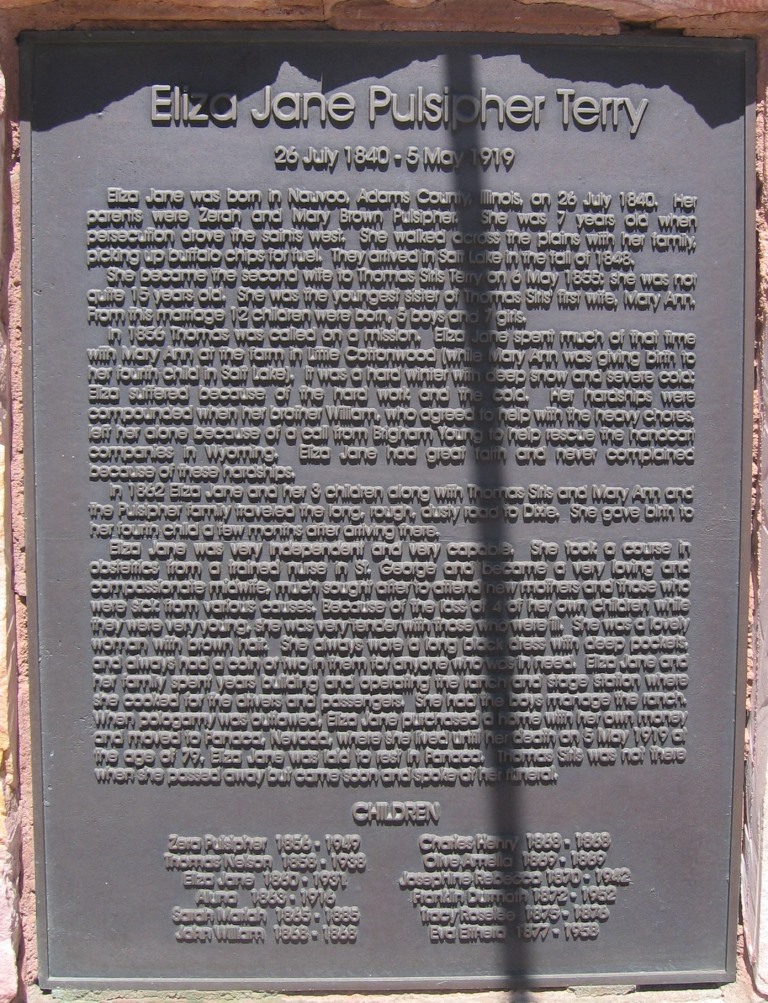 Eliza Jane Pulsipher Terry plaque at the Terry Heritage Park