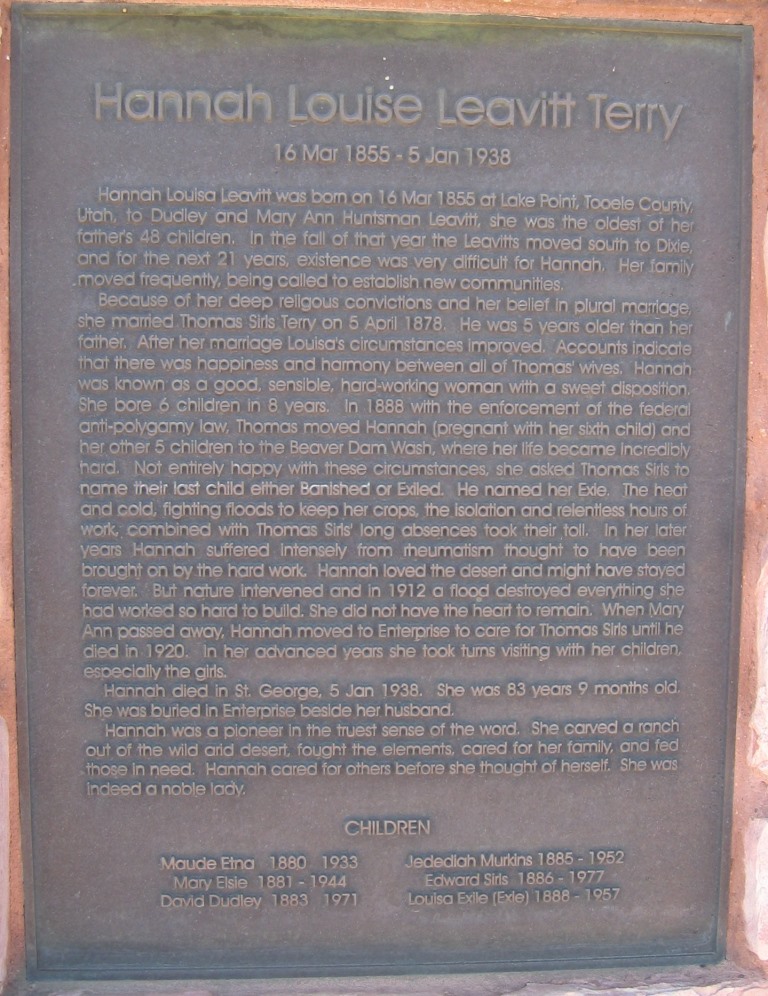 Hannah Louise Leavitt Terry plaque at the Terry Heritage Park