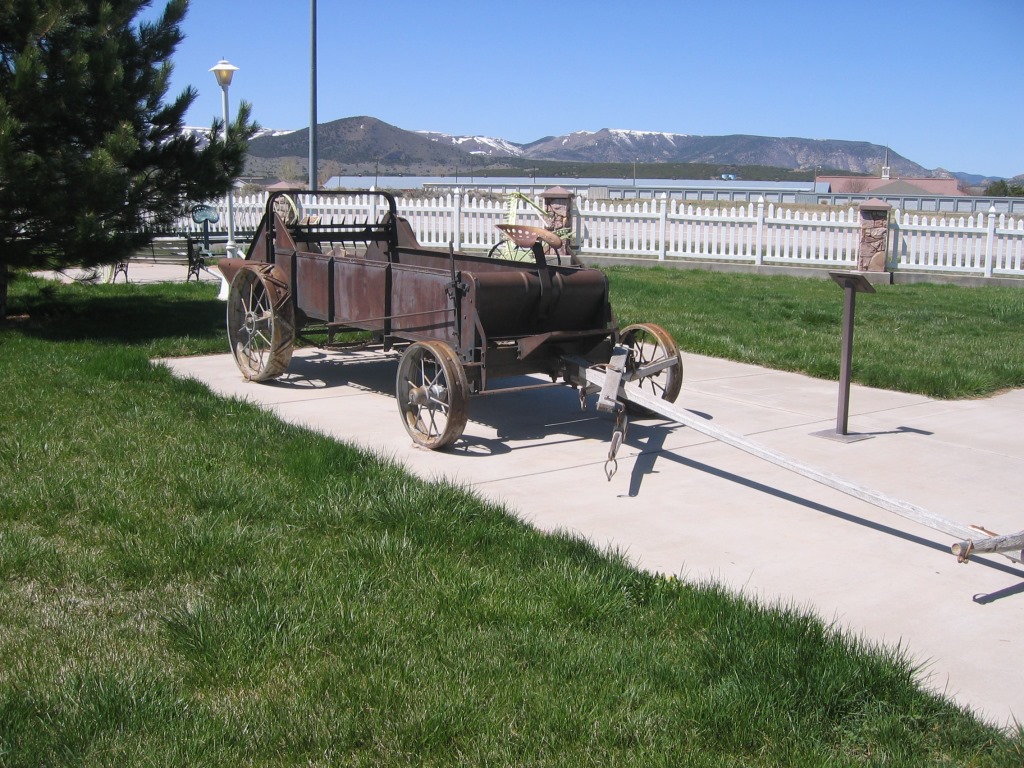 A manure spreader on display at the Terry Family Heritage Park