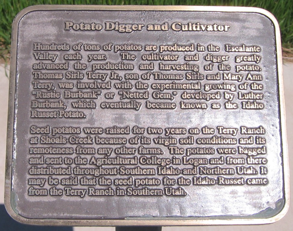 'Potato Digger and Cultivator' descriptive plaque at the Terry Heritage Park
