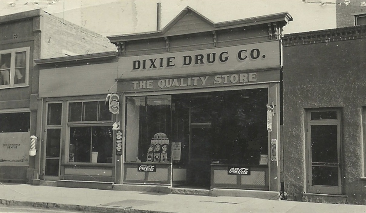 Front of the Dixie Drug store and surrounding buildings