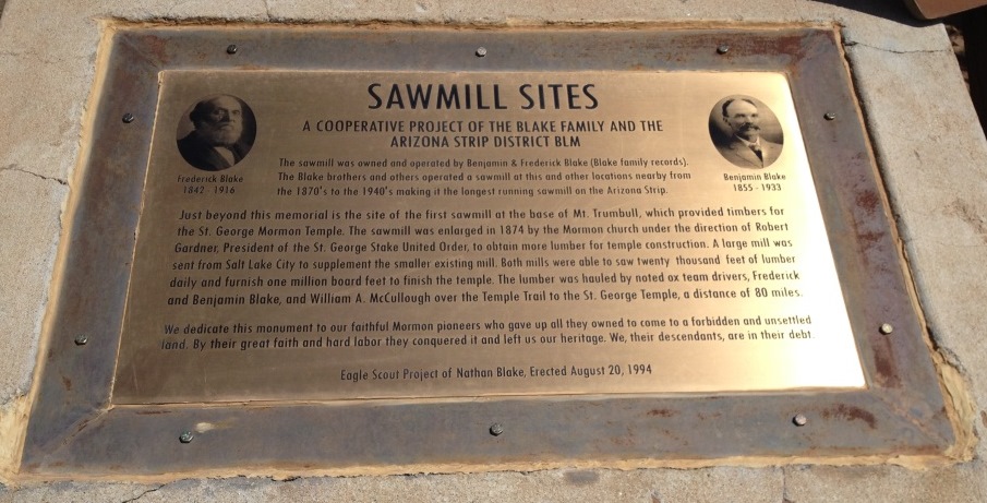Plaque telling about the Sawmill Sites at Mt. Trumbull