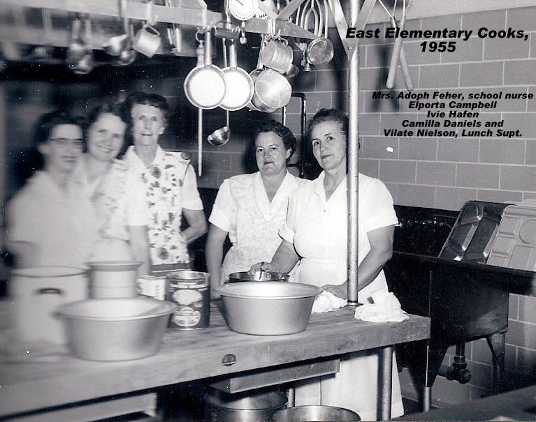 The 1955-1956 school nurse & cooks at East Elementary School