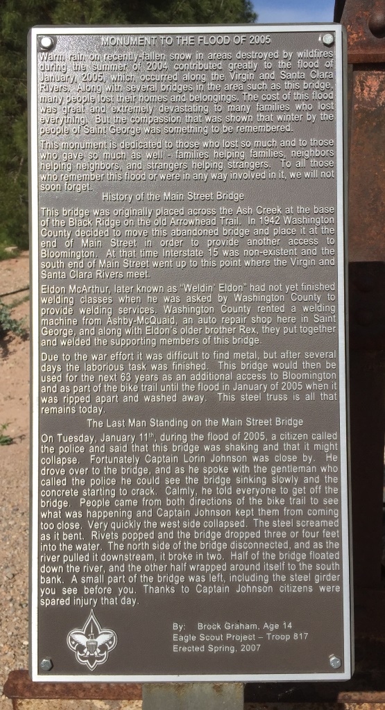 Plaque about the 2005 flood and the old Main Street Bridge