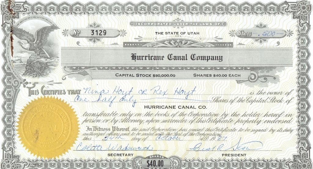 Front of a Hurricane Canal Company stock certificate