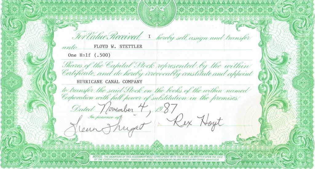 Back side of a Hurricane Canal Company stock certificate