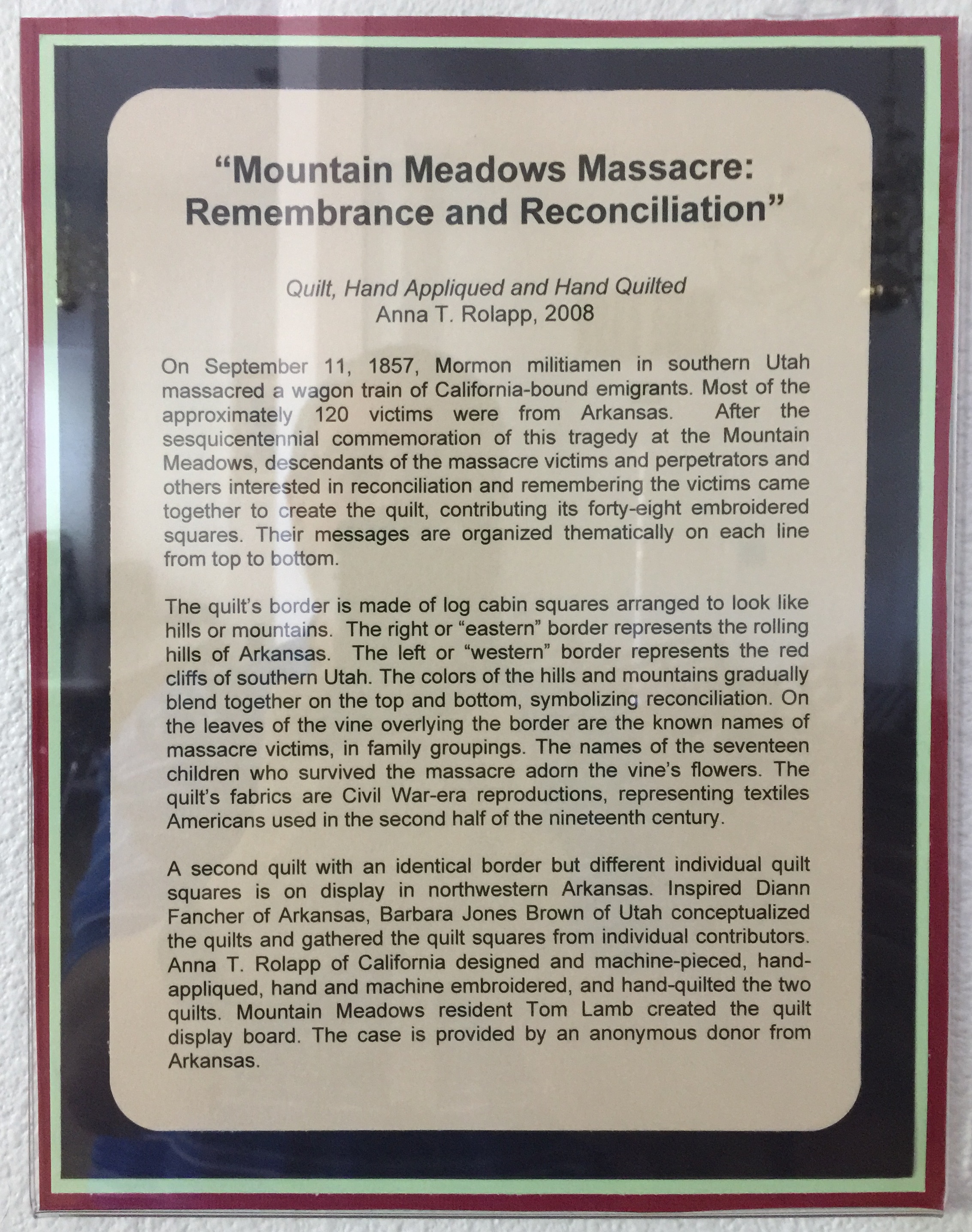 Mountain Meadows Remembrance & Reconciliation quilt explanation