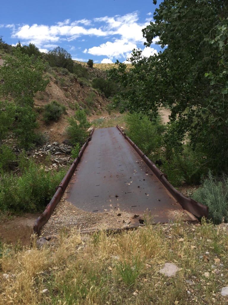 An emergency bridge made from a railroad flatcar