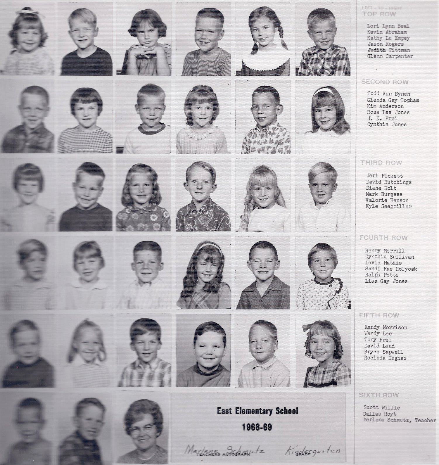 Mrs. Merlene Schmutz' 1968-1969 kindergarten class at East Elementary School
