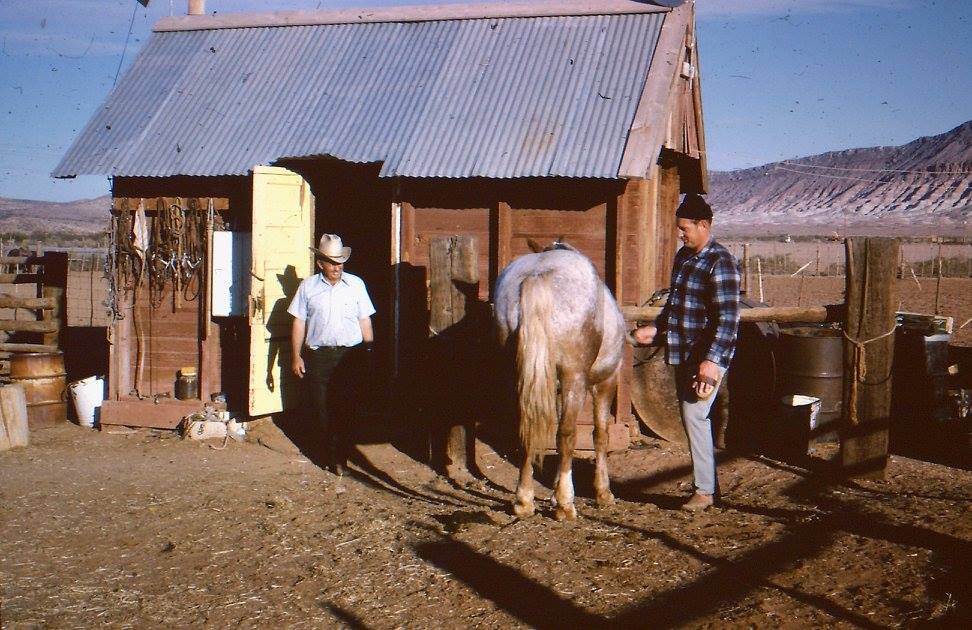 Iliff Andrus and George Andrus with a horse at the tach shed on the Andrus Farm