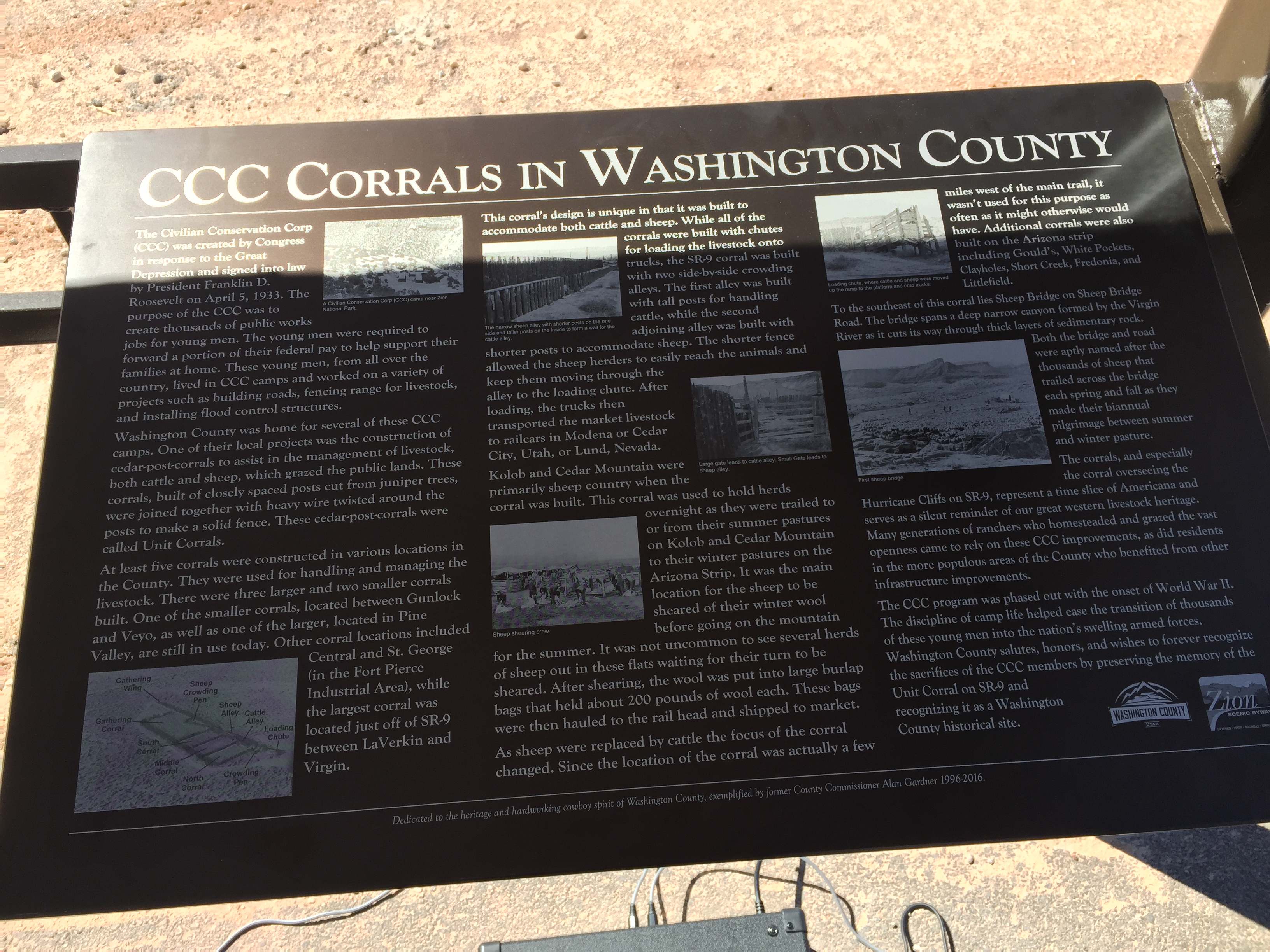 CCC Corrals in Washington County plaque at the new informational kiosk at the Virgin CCC Corral