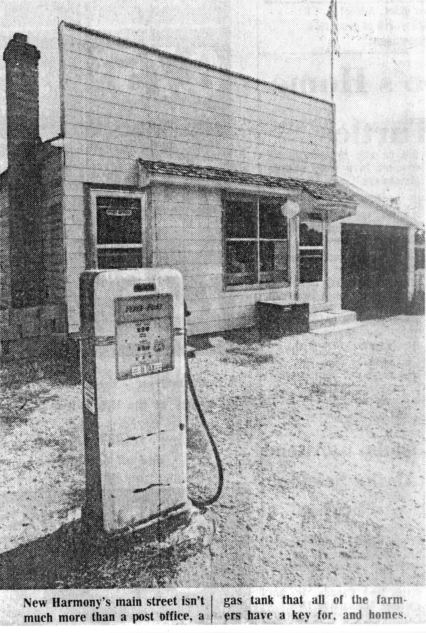 New Harmony post office with the old metered gas pump in front