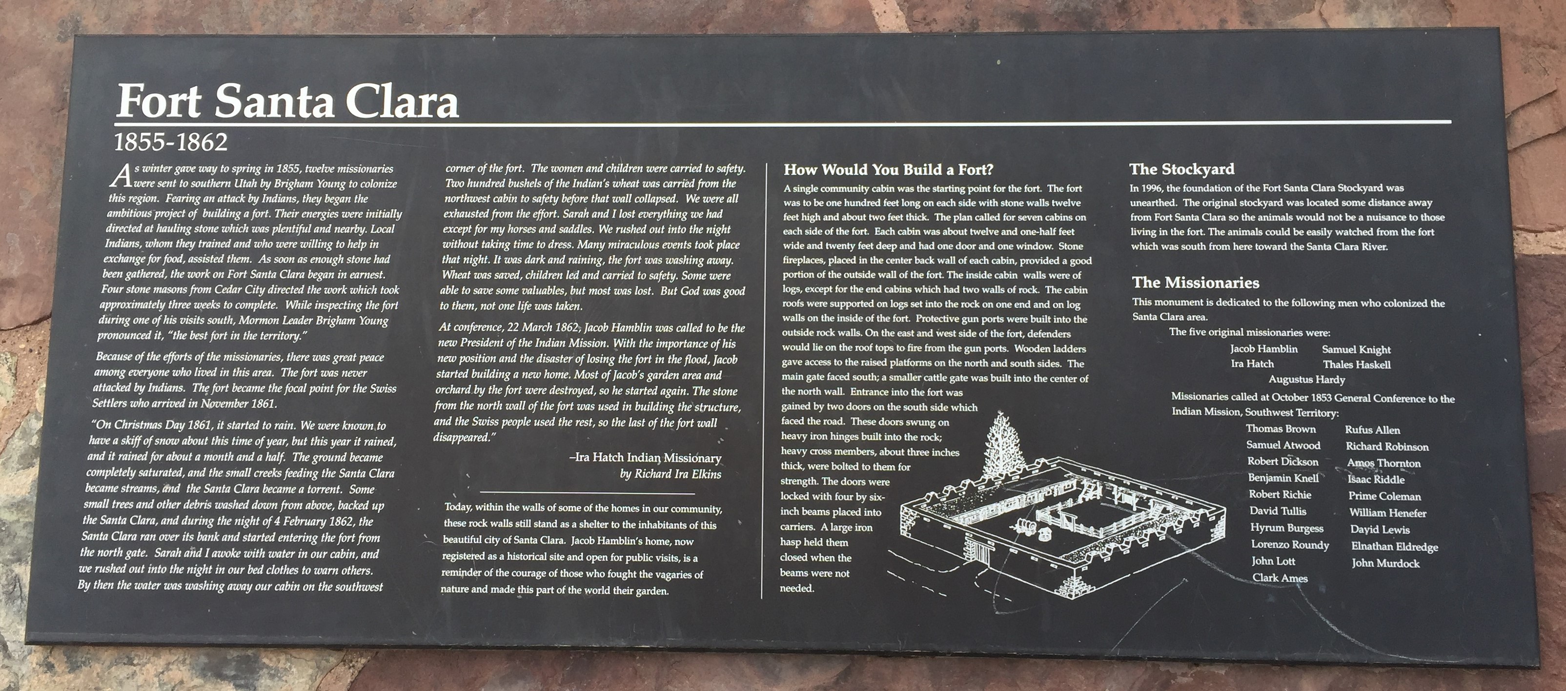 The interpretive plaque at the site of the old Fort Clara