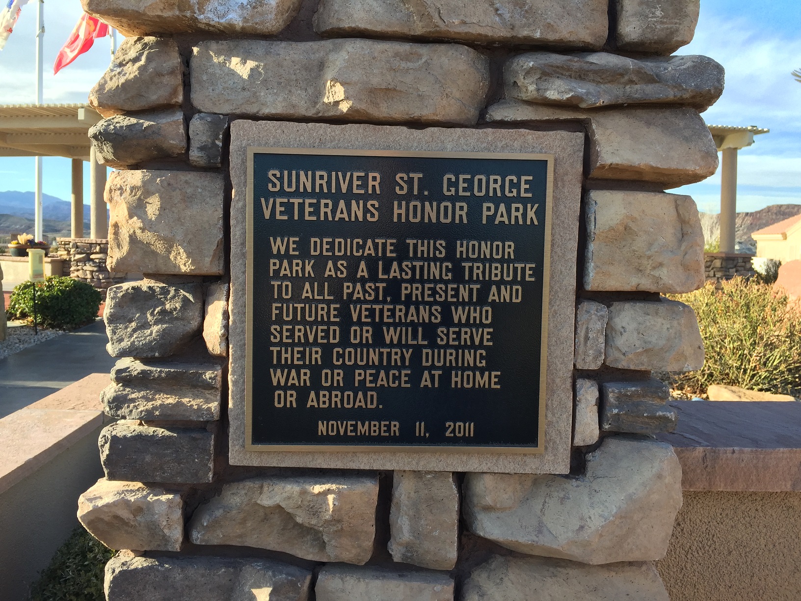 The name and dedication plaque at the SunRiver St. George Veterans Honor Park