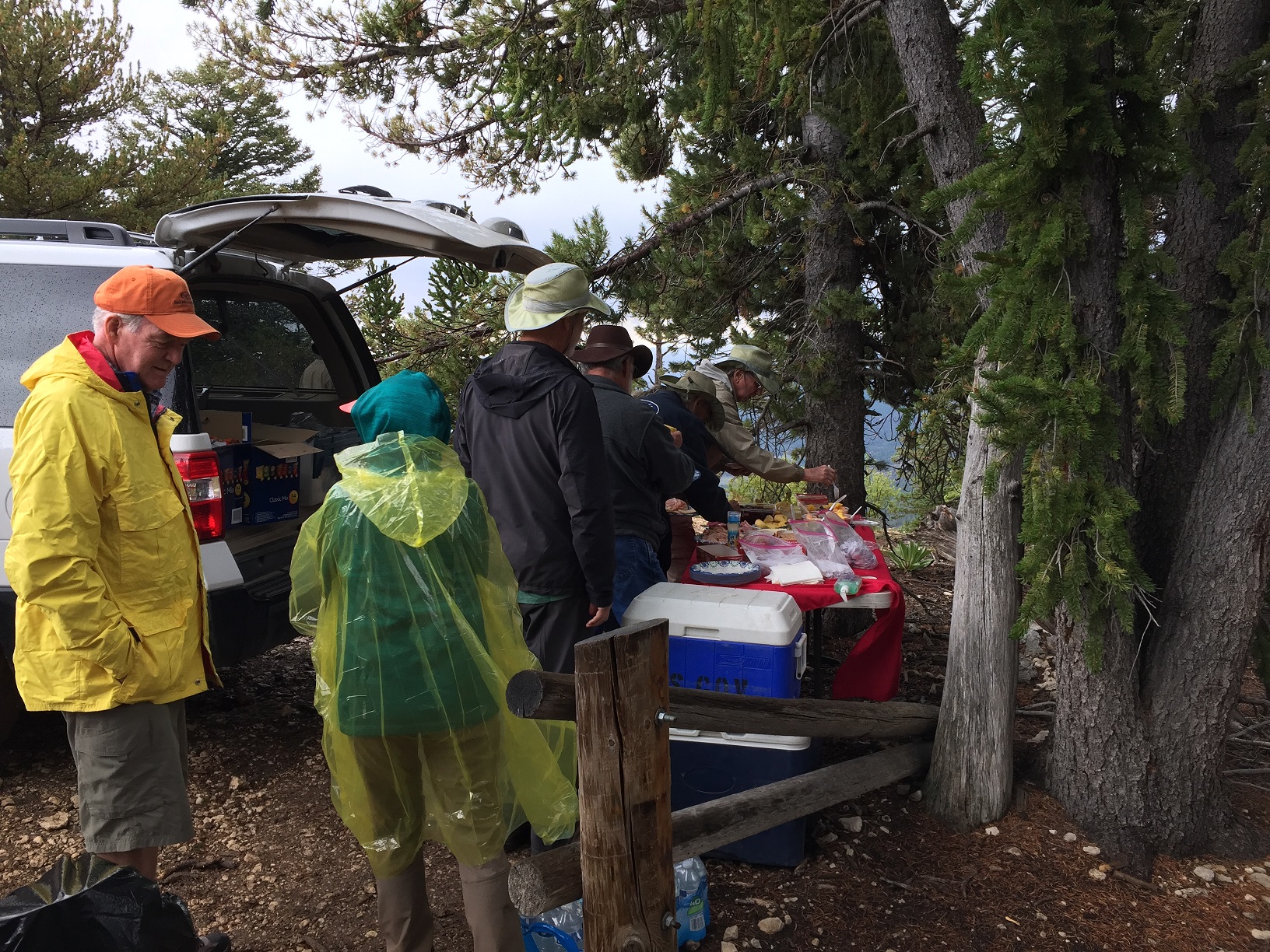 People getting lunch at the DASIA lunch buffet table at the Powell Point trailhead