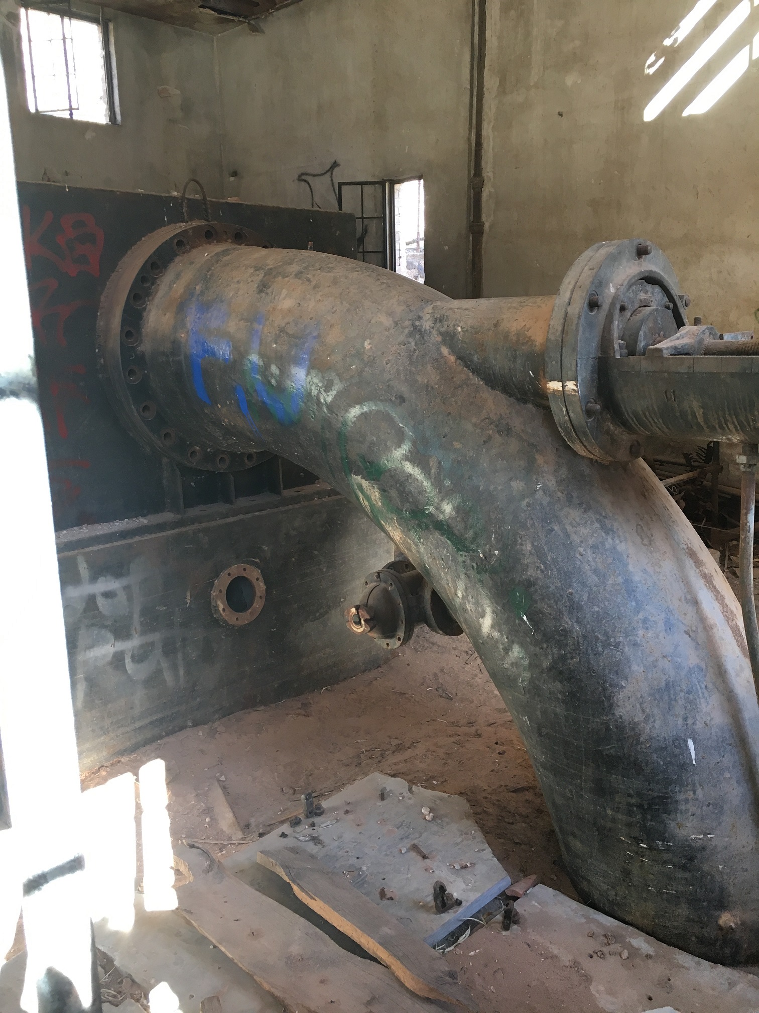 A large water pipe coming into the old Hurricane-LaVerkin Hydroelectric Power Plant