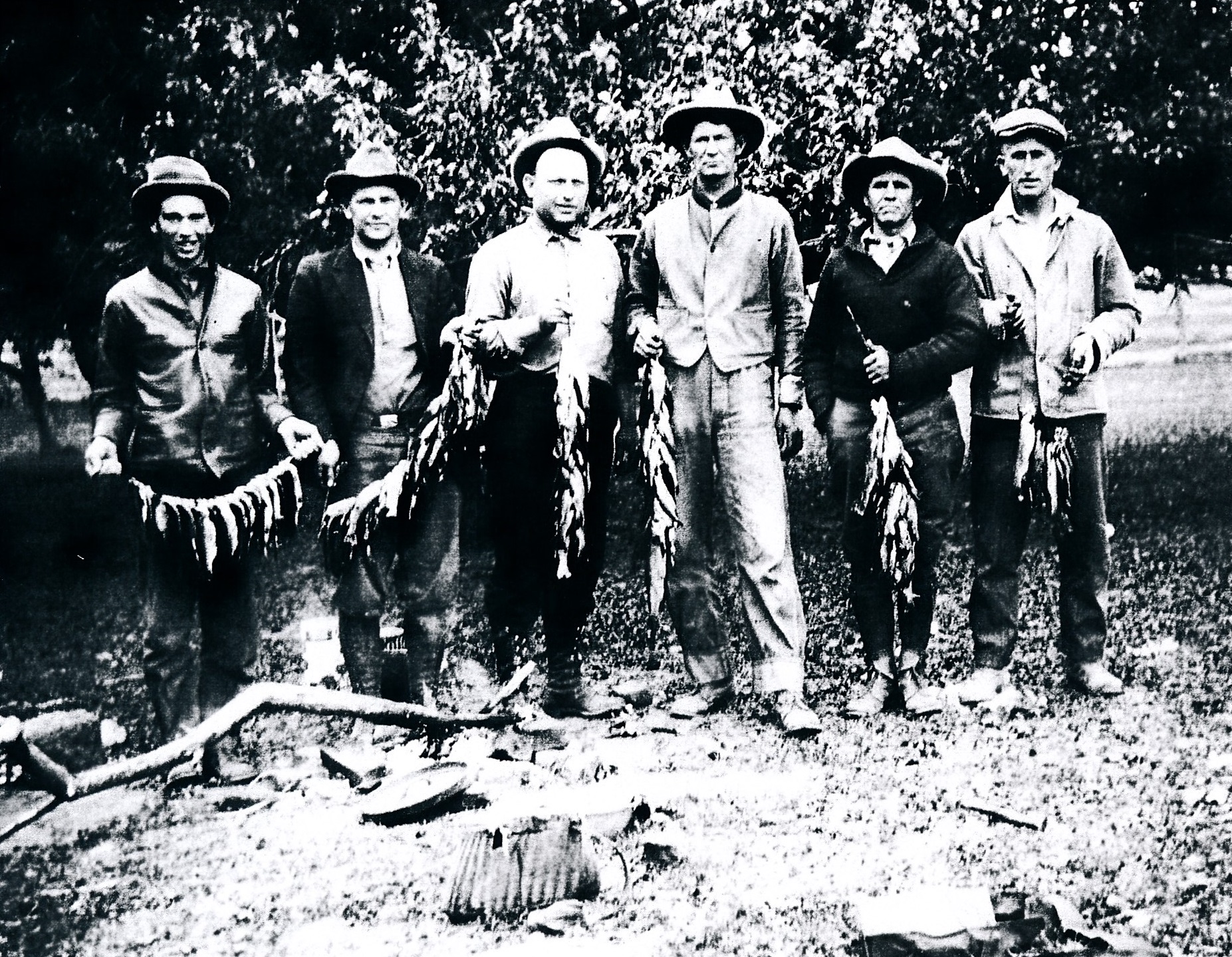 Six men with strings of fish they caught
