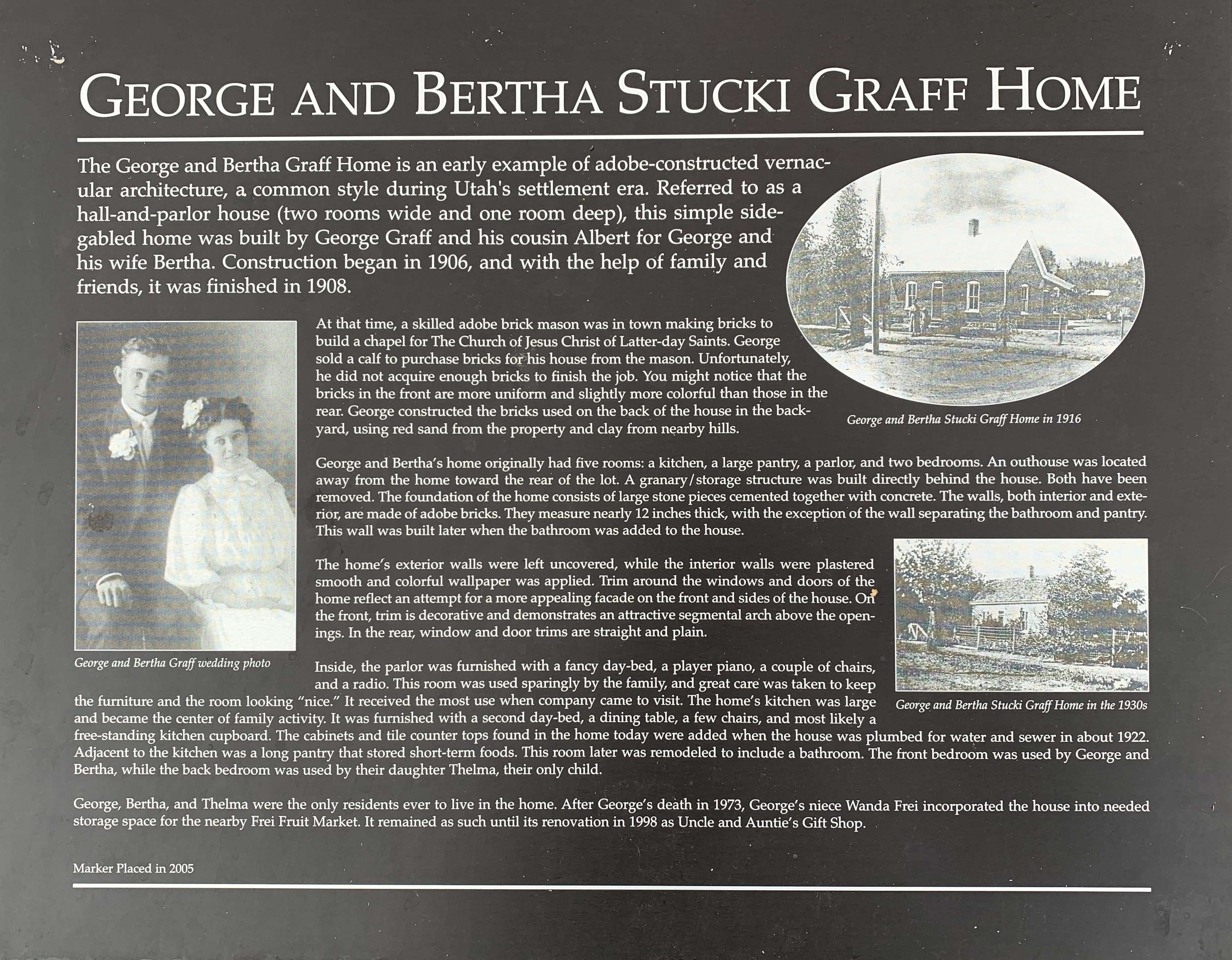 Interpretive sign for the George and Bertha Stucki Graff Home