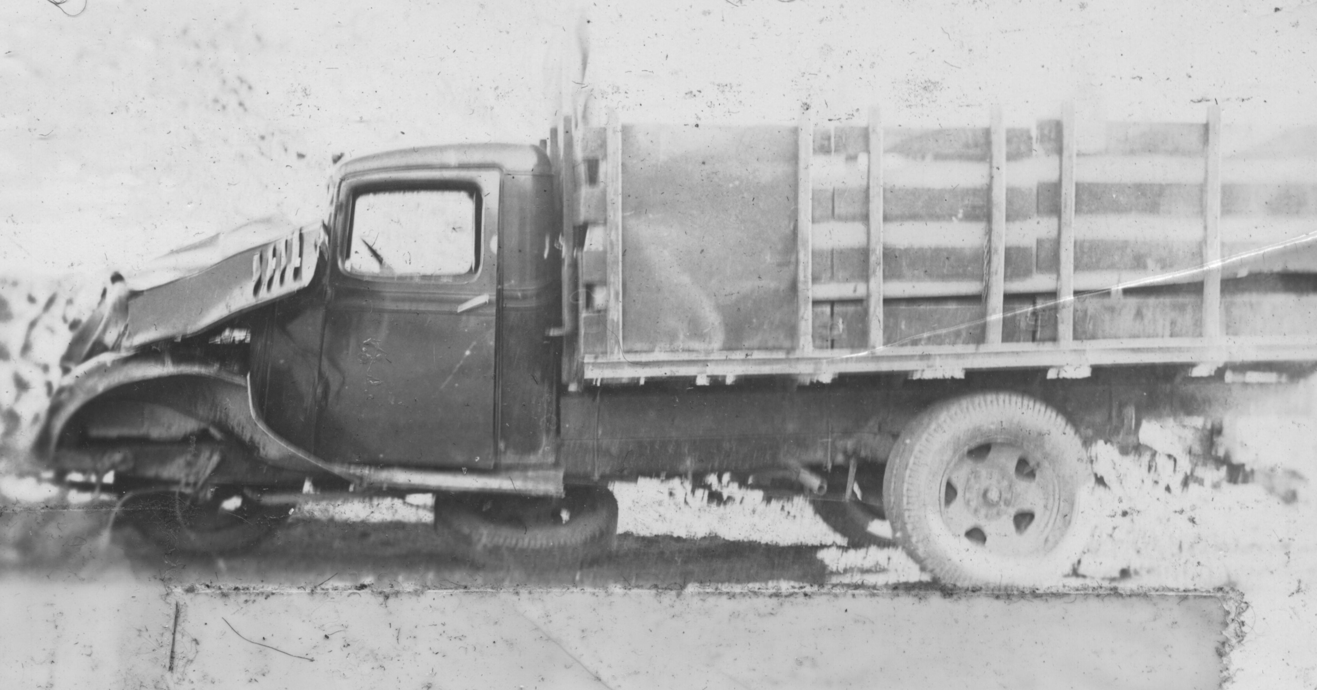 A CCC camp truck at the Leeds CCC Camp after hitting a mule