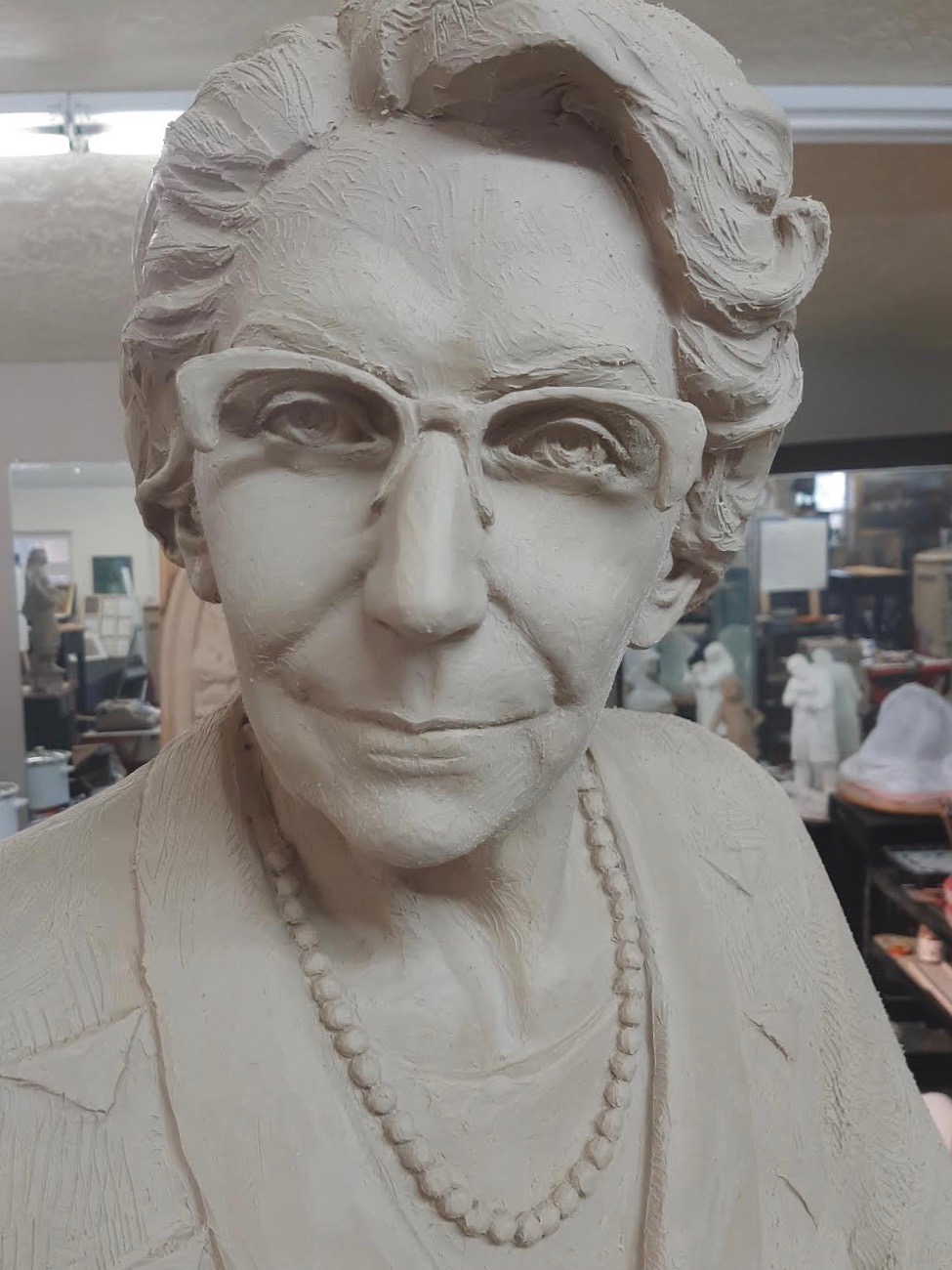 The face on the full size clay model of the Juanita Brooks statue