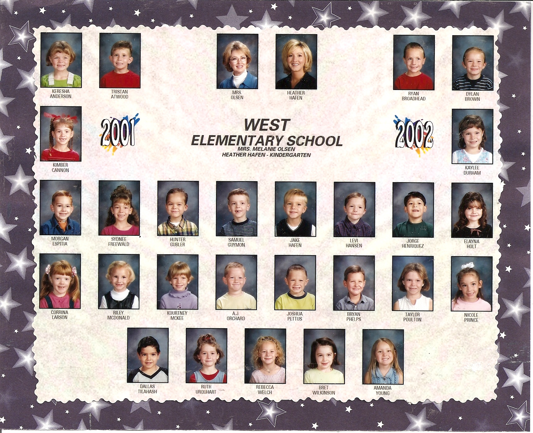 Mrs. Heather Hafen's 2001-2002 kindergarten class at West Elementary School