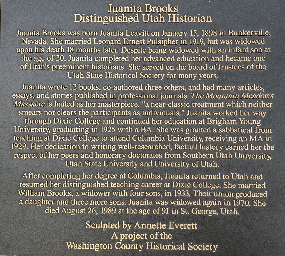 Interpretive plaque at the Juanita Brooks statue