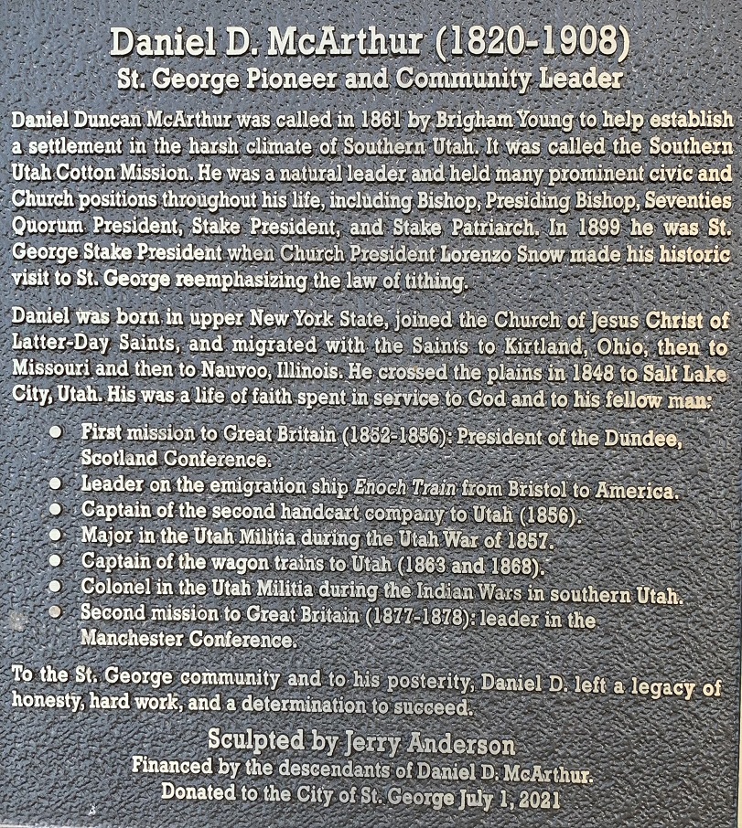 Interpretive plaque at the Daniel D. McArthur statue
