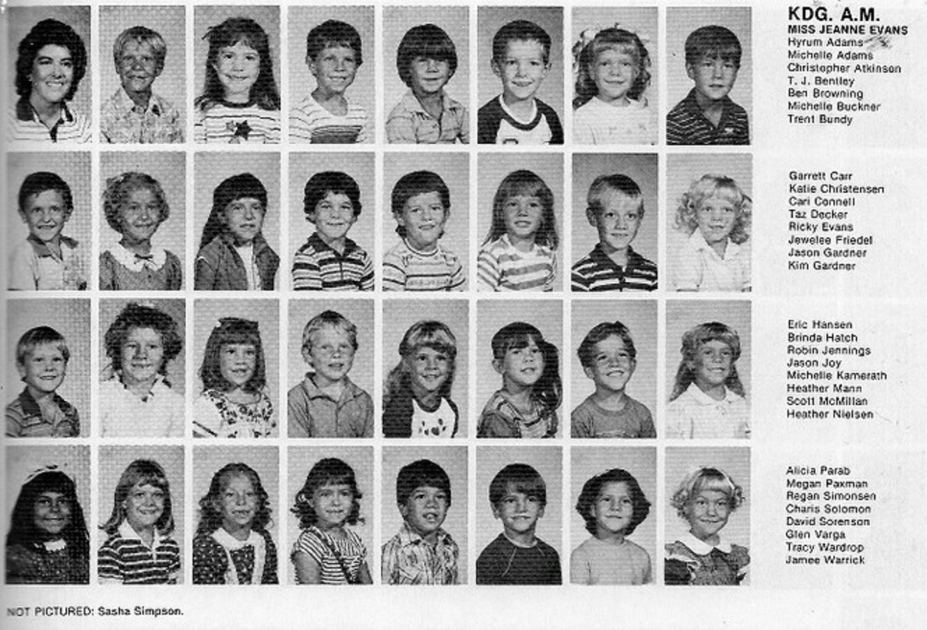 Miss Jeanne Evan's 1984-1985 AM kindergarten class at East Elementary School
