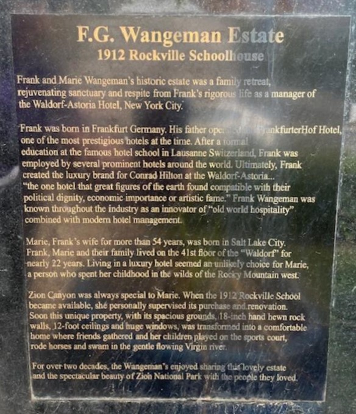 Plague explaining the history if the Wangeman Estate (old 1912 Rockville School)
